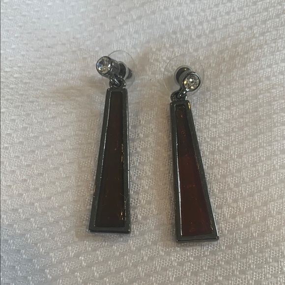 Brown Enamel and Crystal Drop Earrings in Dark Gray Metal - Picture 1 of 4